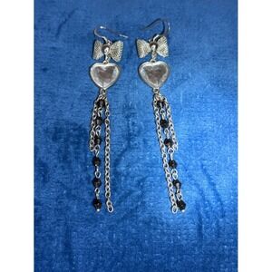 Y2K Blk and Sil Tone Metal Link Tassel Heart Bow Rhinestone Dangle Drop Earrings